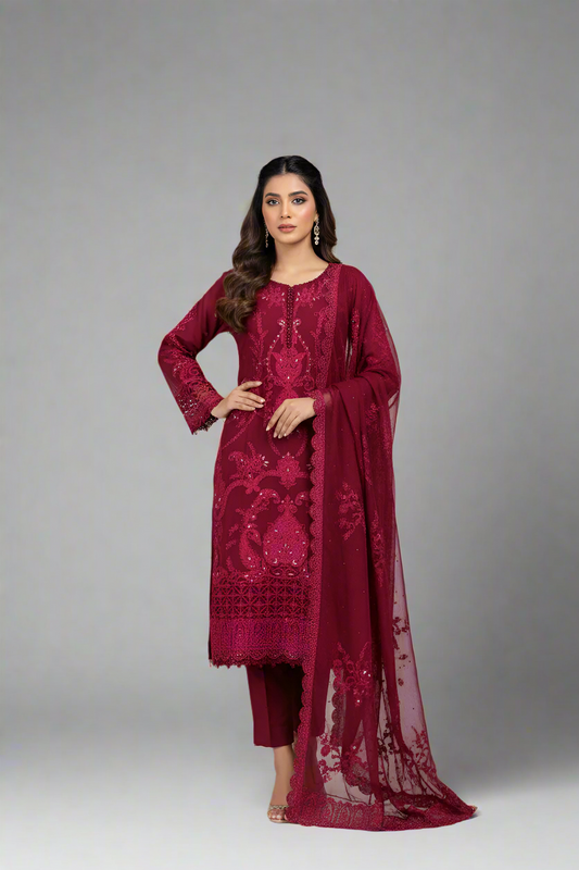 Organza straight shirt maroon - Pakistani women's elegant formal wear with viscose trouser and organza dupatta front view