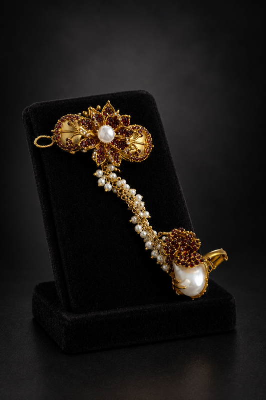 JW155 – Gold-Tone Ruby Floral Pearl Hair Ornament