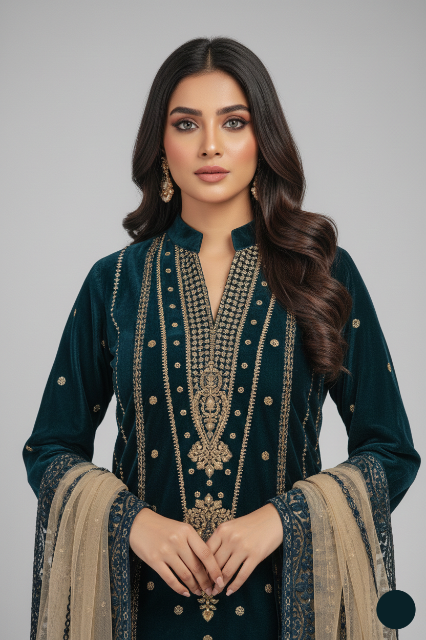 Velvet straight shirt SG1470 6 ZNK - Pakistani women's party wear with jamawar trouser front view