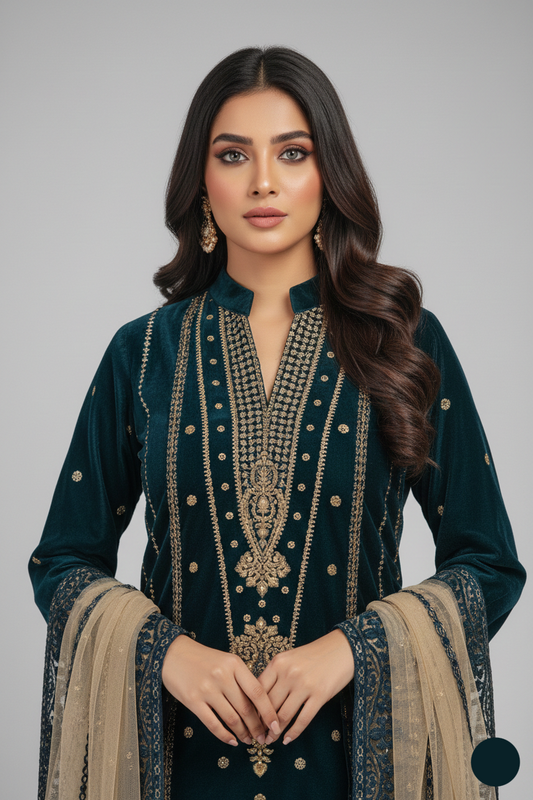 Velvet straight shirt SG1470 6 ZNK - Pakistani women's party wear with jamawar trouser front view