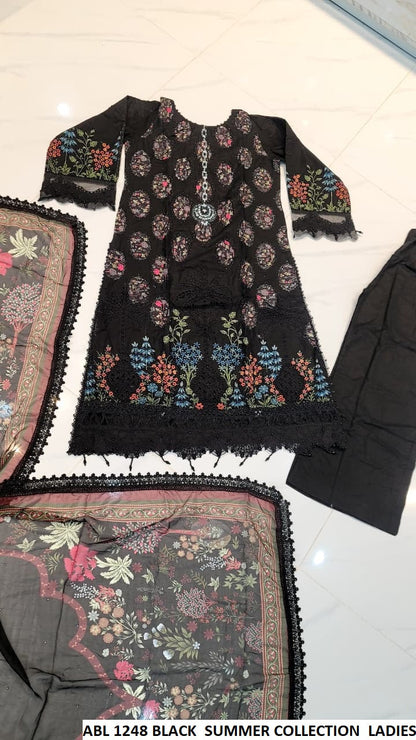 ABL 1248 BLACK - Black Cotton Straight Shirt Plazo Set with Digital Silk Dupatta | Women's 3-Piece Suit