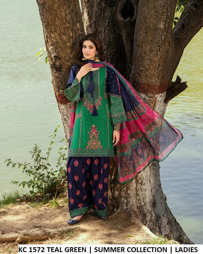 KC Sunehri 1572 Teal Green - Teal Green Silk 3-Piece Women's Ready to Wear Pakistani Suit