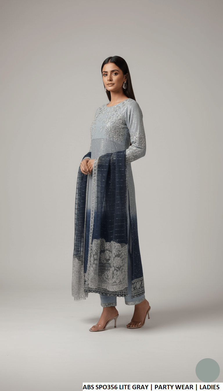 Pakistani women's light grey chiffon straight shirt plazo back view