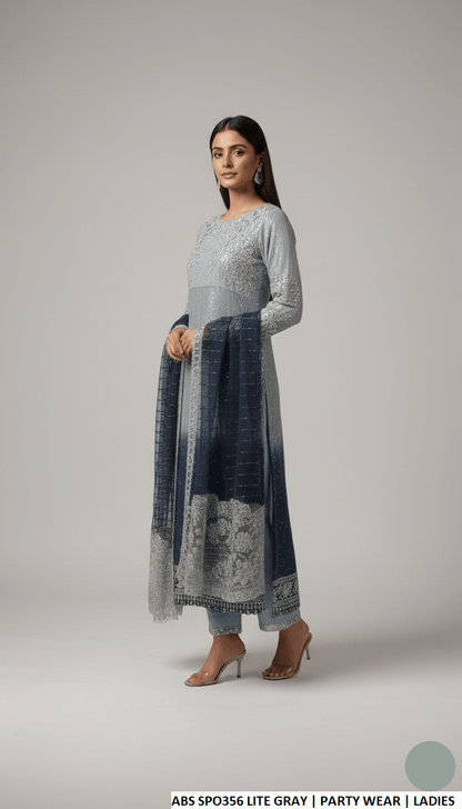 Pakistani women's light grey chiffon straight shirt plazo back view