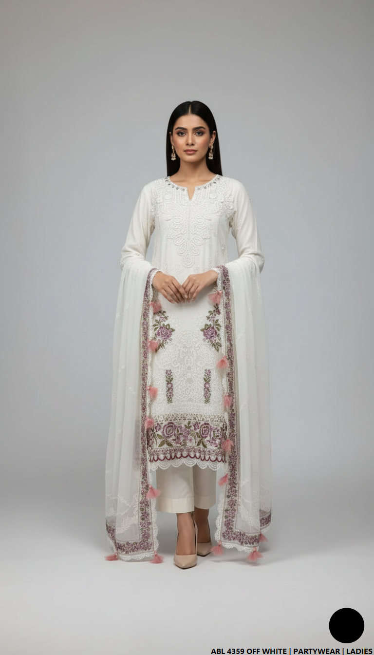Organza straight shirt off white - Pakistani women's elegant formal wear with viscose trouser and organza dupatta front view