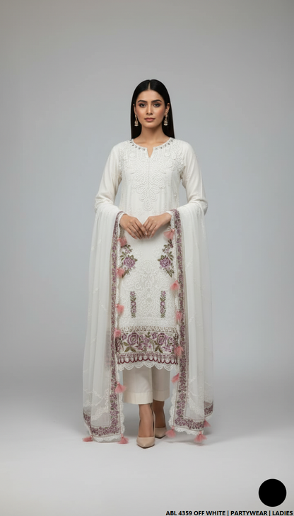 Organza straight shirt off white - Pakistani women's elegant formal wear with viscose trouser and organza dupatta front view