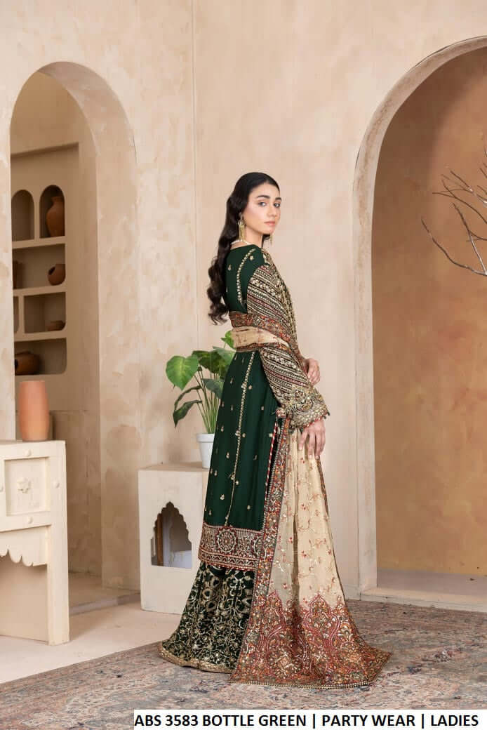 Pakistani women's bottle green chiffon shirt plazo back view
