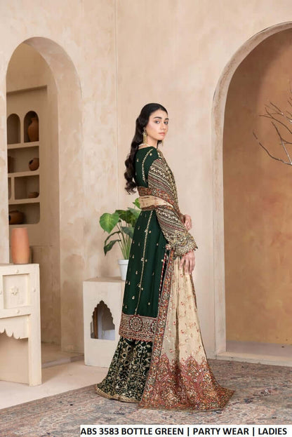 Pakistani women's bottle green chiffon shirt plazo back view