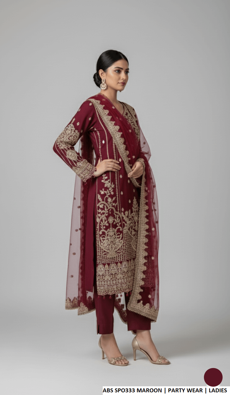 Pakistani women's maroon chiffon straight shirt plazo detail view