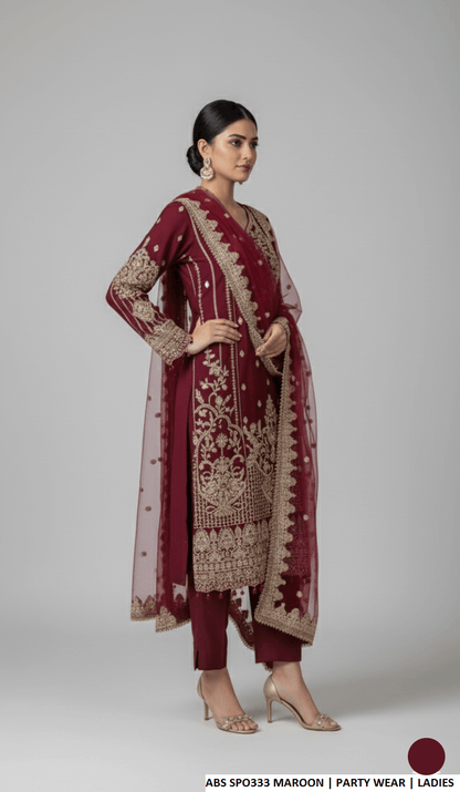 Pakistani women's maroon chiffon straight shirt plazo detail view
