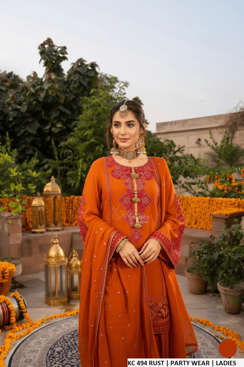 Rust silk Pakistani women's long A-Line shirt with plazo side view