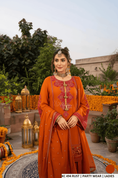 Rust silk Pakistani women's long A-Line shirt with plazo side view