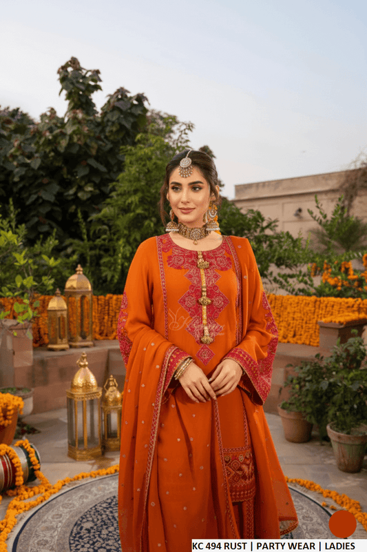 Rust silk Pakistani women's long A-Line shirt with plazo side view