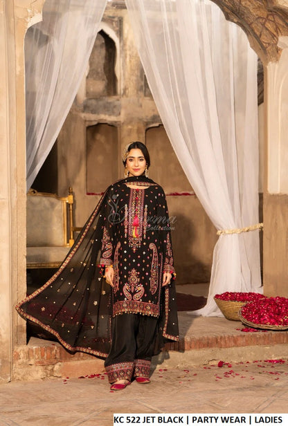 Georgette chiffon short shirt farshi shalwar jet black - Pakistani women's embroidered festive outfit with gotta chiffon dupatta front view