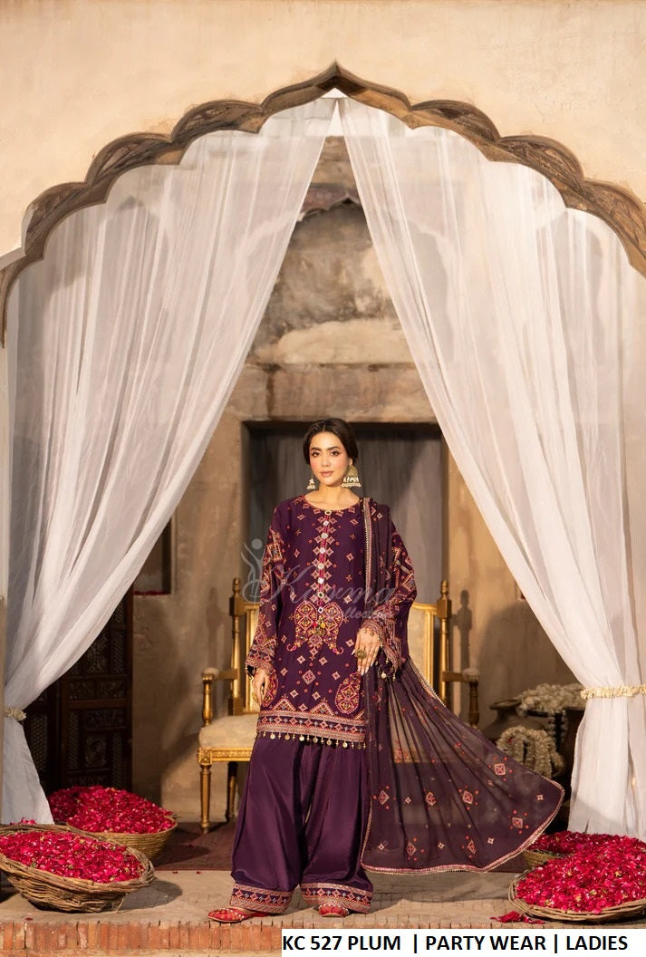 Georgette short shirt farshi shalwar plum - Pakistani women's embroidered festive outfit with crinkle chiffon dupatta front view