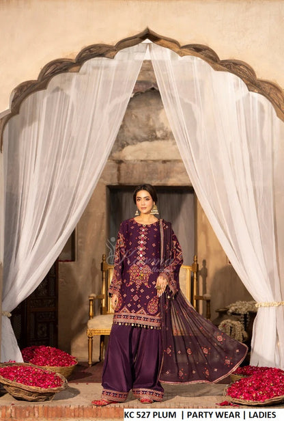 Georgette short shirt farshi shalwar plum - Pakistani women's embroidered festive outfit with crinkle chiffon dupatta front view