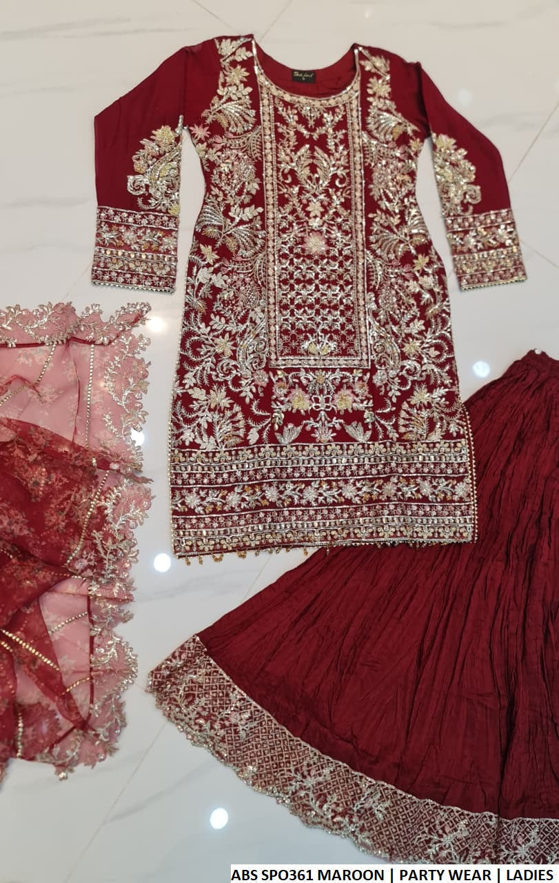 Pakistani women's maroon chiffon straight shirt crush plazo back view