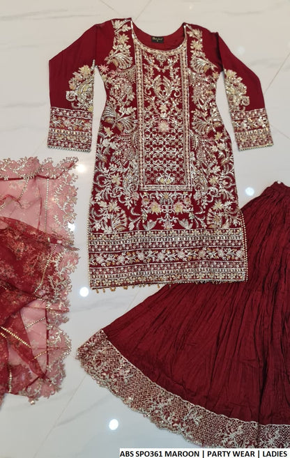 Pakistani women's maroon chiffon straight shirt crush plazo back view