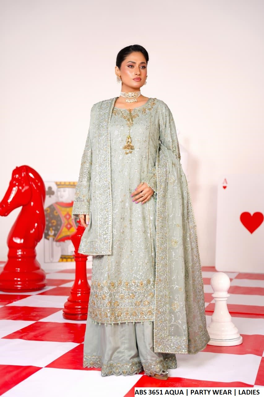 Chiffon straight shirt plazo aqua blue - Pakistani women's formal party wear with viscose plazo and chiffon dupatta front view