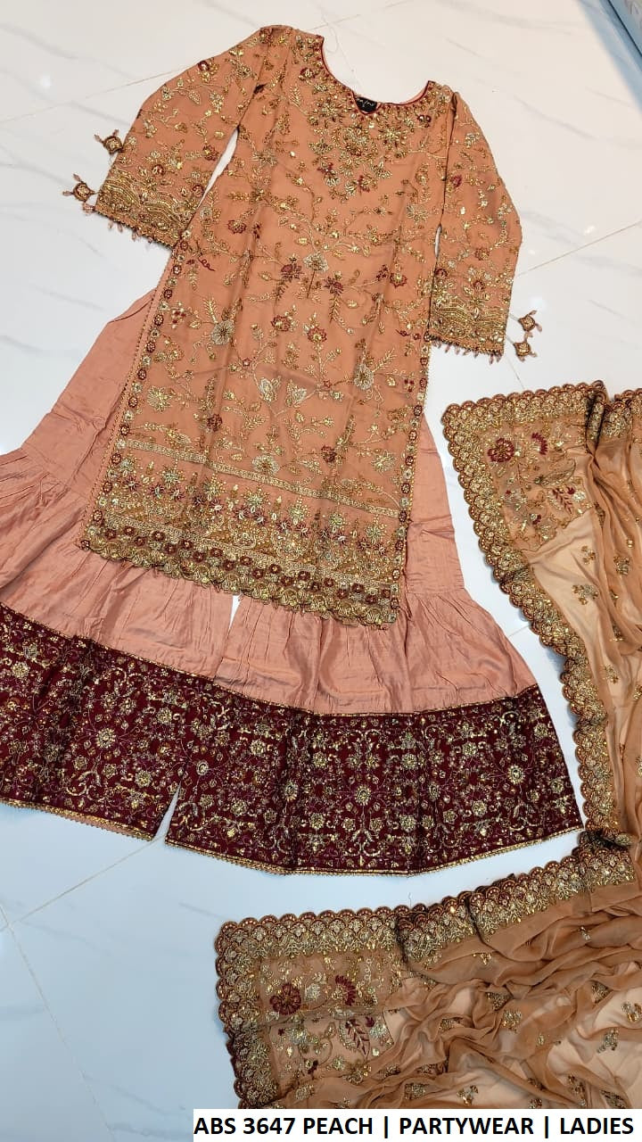 ABS 3647 PEACH - Peach Chiffon Straight 3-Piece Women's Pakistani Suit