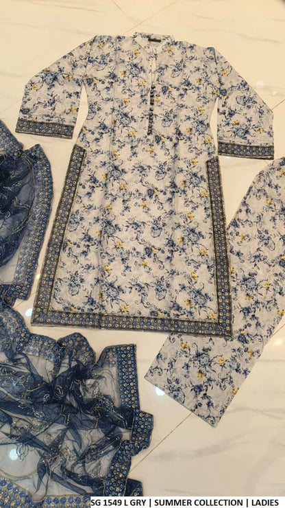 Pakistani women's lawn A-Line printed casual outfit back view