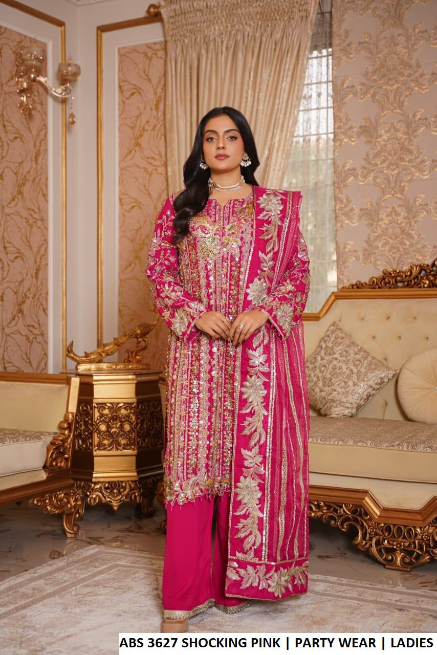 Grip straight shirt plazo shocking pink - Pakistani women's party wear with grip plazo and organza dupatta front view