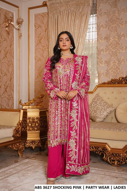 Grip straight shirt plazo shocking pink - Pakistani women's party wear with grip plazo and organza dupatta front view