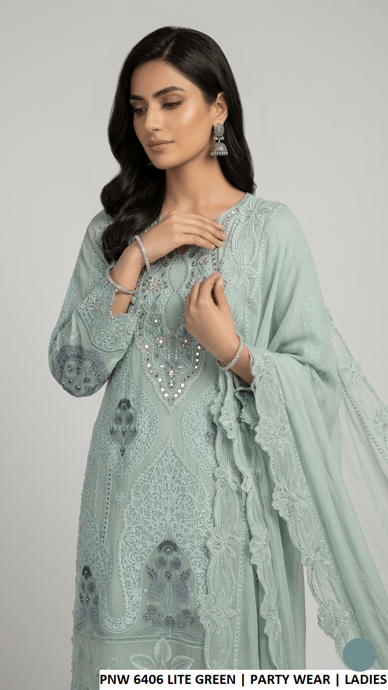 PNW 6406 LITE GREEN chiffon Pakistani women's straight shirt with plazo side view