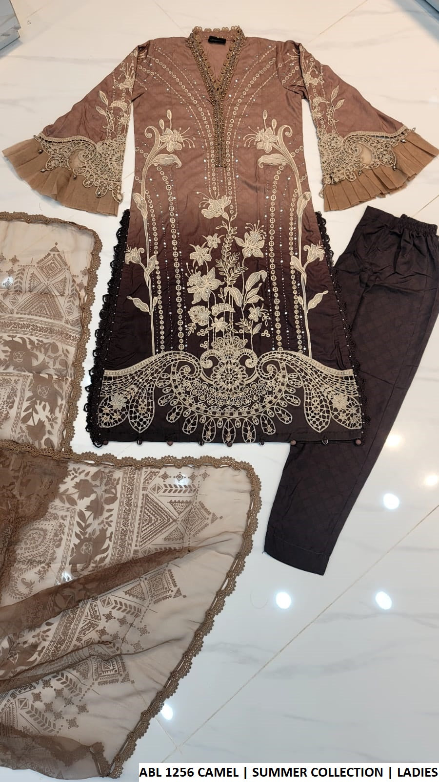 Pakistani women's camel brown poly lawn A-Line shirt back view
