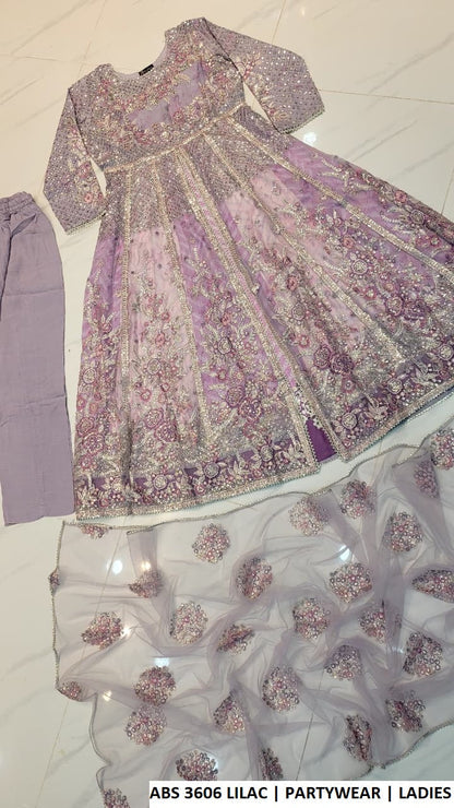 ABS 3606 LILAC - Lilac Chiffon Open Long Frock 3-Piece Women's Pakistani Suit