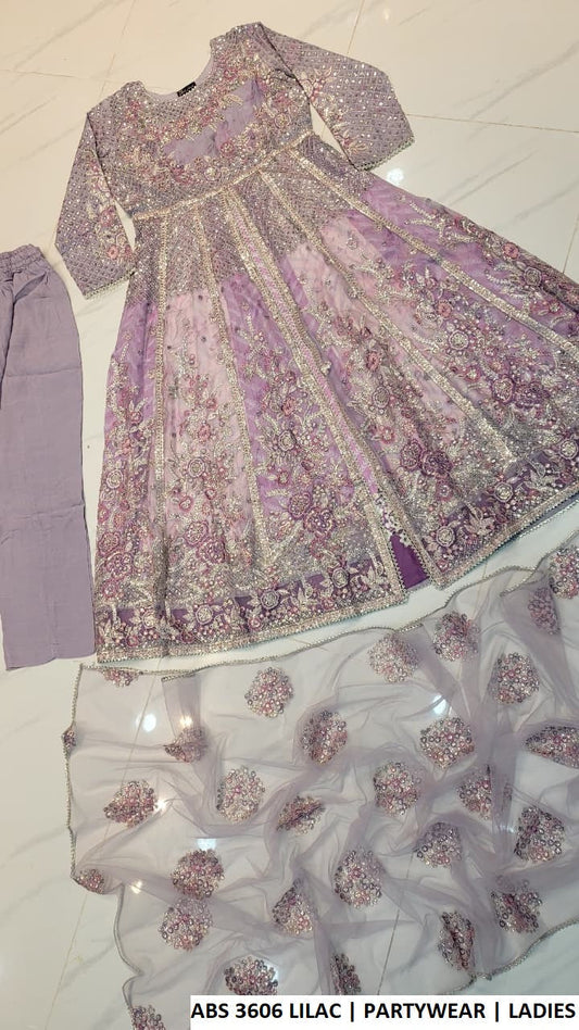 ABS 3606 LILAC - Lilac Chiffon Open Long Frock 3-Piece Women's Pakistani Suit