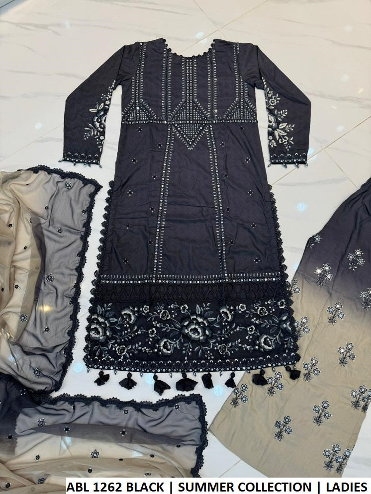 Pakistani women's black poly lawn straight shirt plazo back view