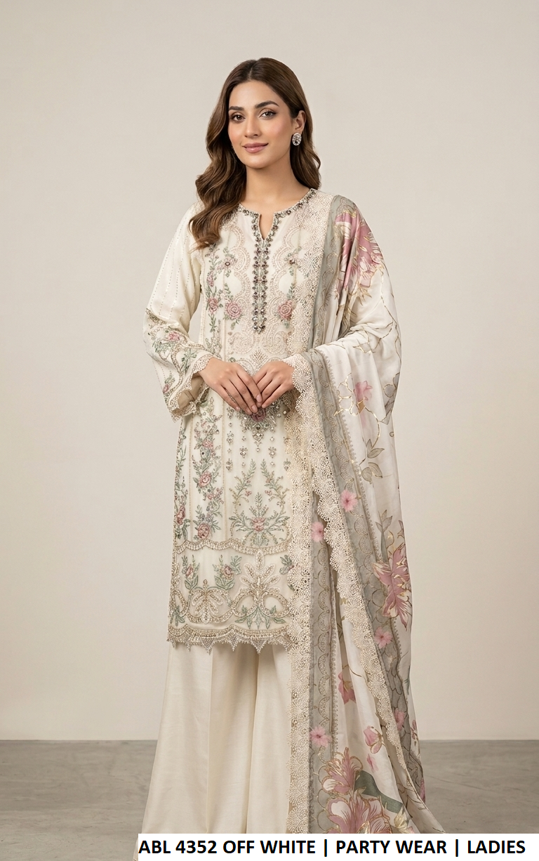 Chiffon straight shirt plazo ABL 4352 OFF WHT - Pakistani women's elegant party wear with grip plazo and digital print dupatta front view