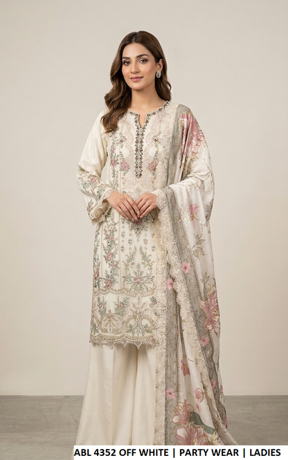 Chiffon straight shirt plazo ABL 4352 OFF WHT - Pakistani women's elegant party wear with grip plazo and digital print dupatta front view