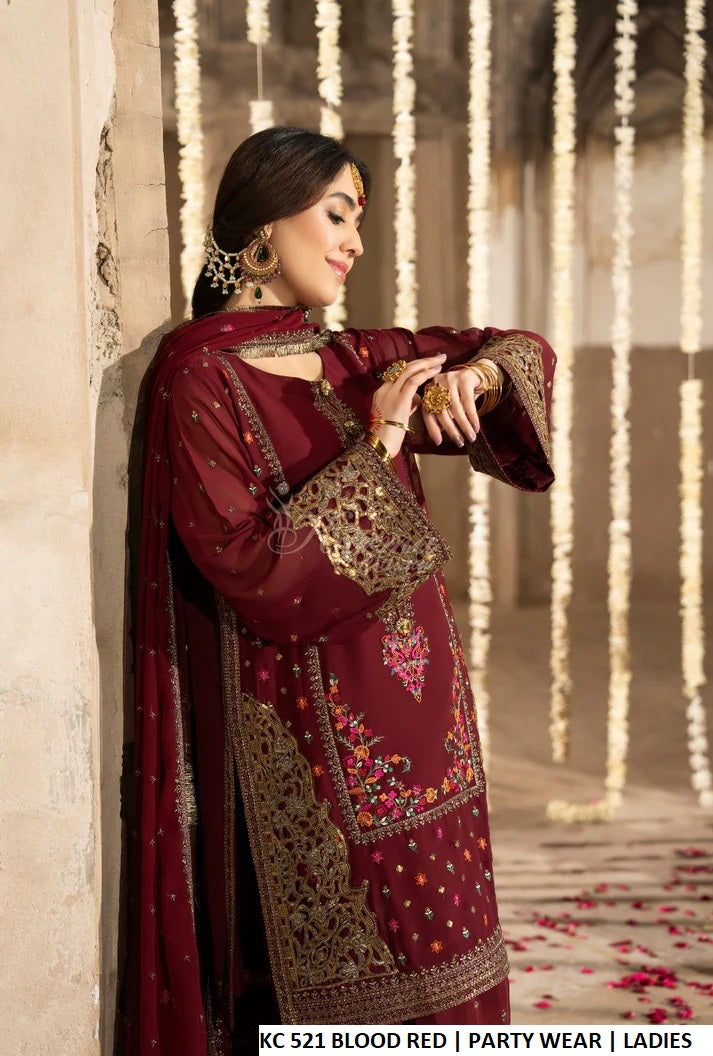 Blood red georgette Pakistani women's short shirt with 3D motif farshi shalwar side view