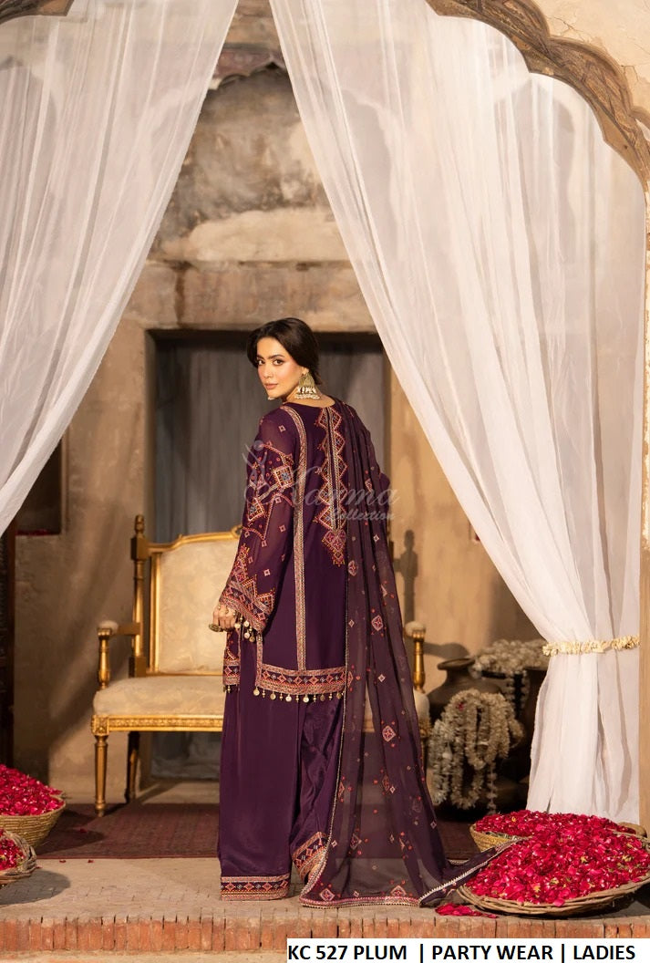 Pakistani women's plum georgette embroidered farshi shalwar outfit back view