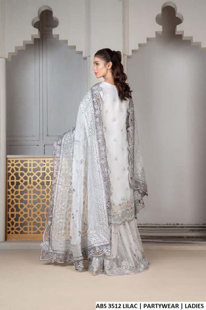 Pakistani women's lilac soft net straight shirt plazo detail view