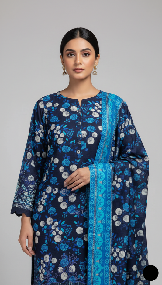 Lawn A-Line printed shirt - Pakistani women's casual summer outfit with cotton trouser and lawn dupatta front view