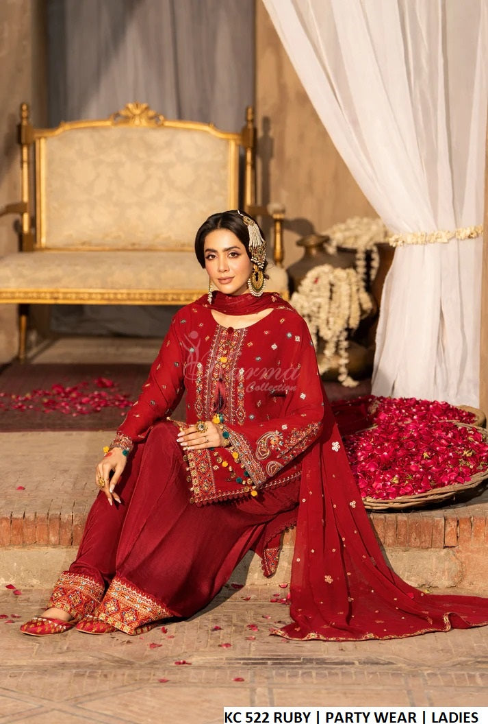 Ruby red georgette Pakistani women's multi-thread embroidered short shirt side view