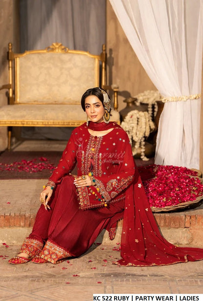 Ruby red georgette Pakistani women's multi-thread embroidered short shirt side view