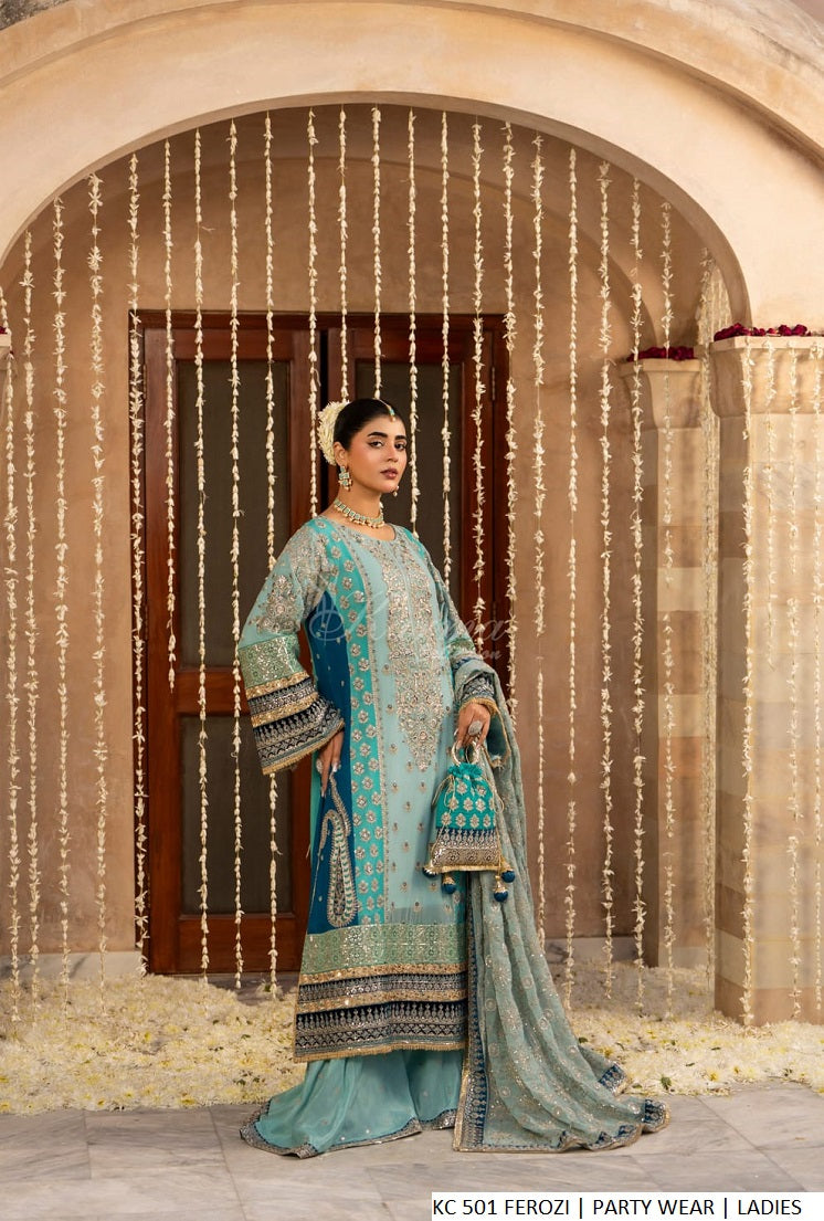 Chiffon long shirt ferozi - Pakistani women's elegant formal wear with viscose trouser and chiffon dupatta front view