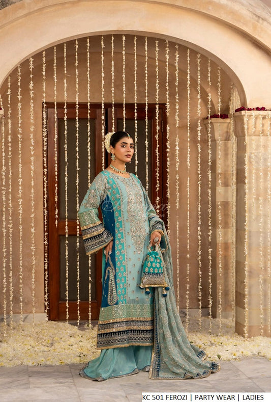 Chiffon long shirt ferozi - Pakistani women's elegant formal wear with viscose trouser and chiffon dupatta front view