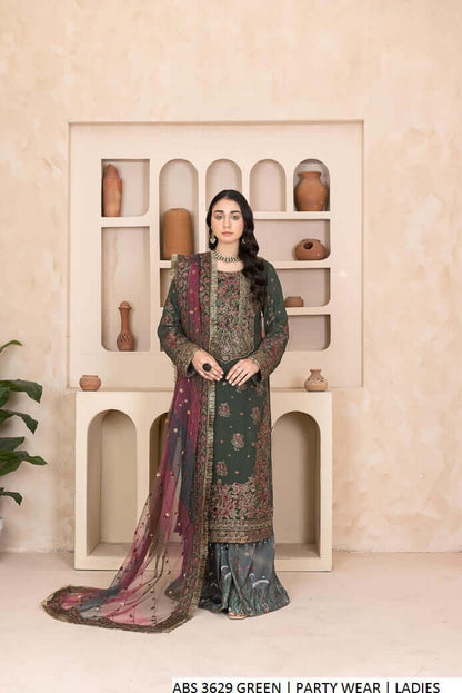 Chiffon straight shirt green - Pakistani women's elegant formal wear with viscose trouser and organza dupatta front view