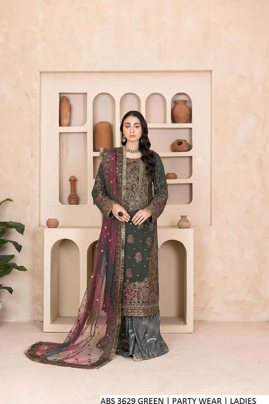 Chiffon straight shirt green - Pakistani women's elegant formal wear with viscose trouser and organza dupatta front view