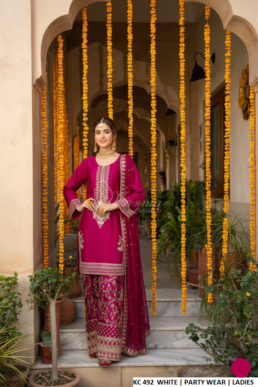 Pakistani women's magenta silk long kaftan plazo back view