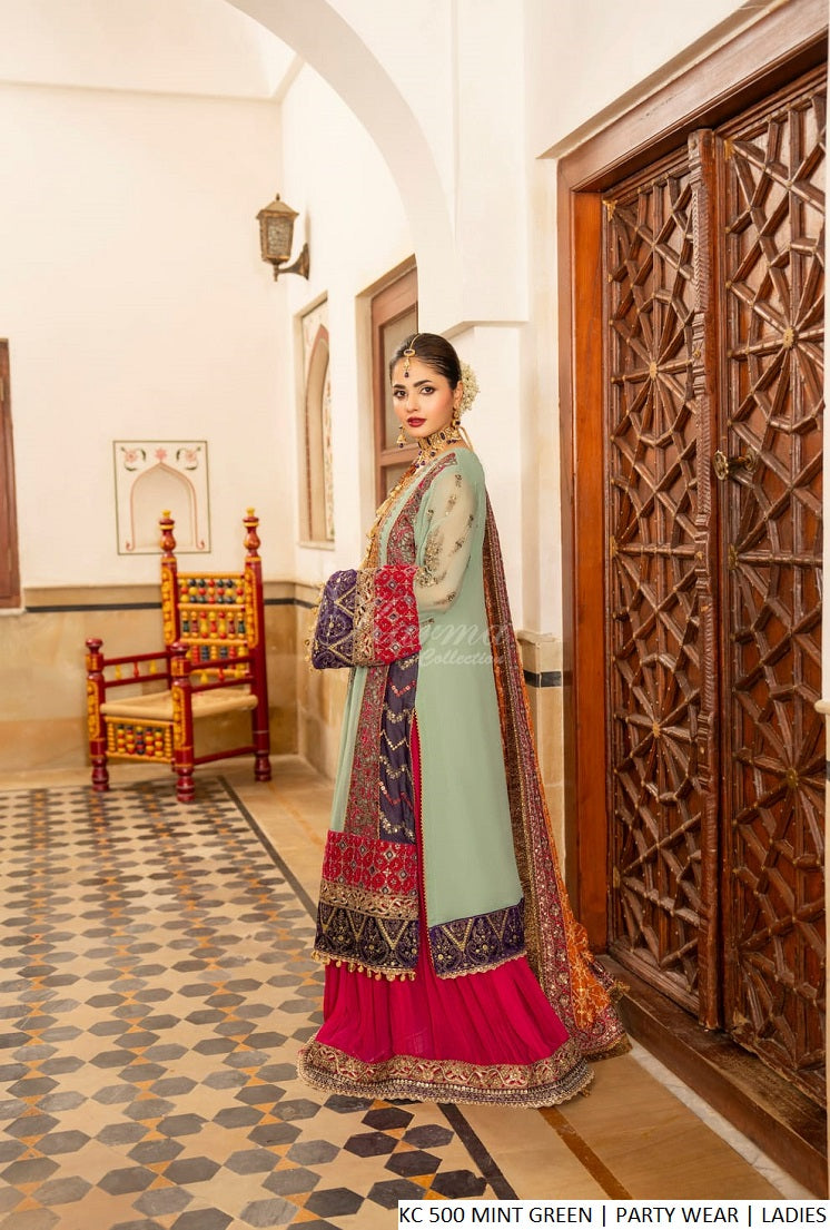 Pakistani women's mint green chiffon long shirt sharara back view