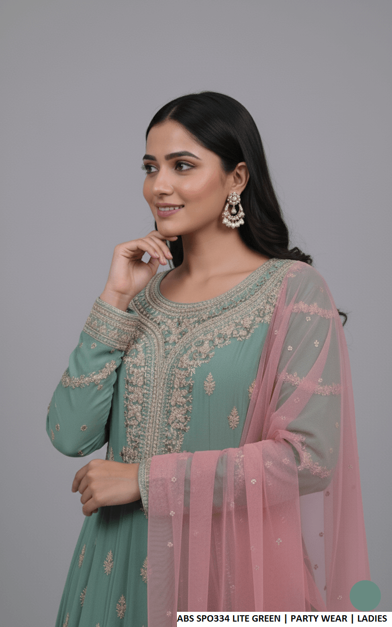 Light green chiffon Pakistani women's straight shirt with plazo side view