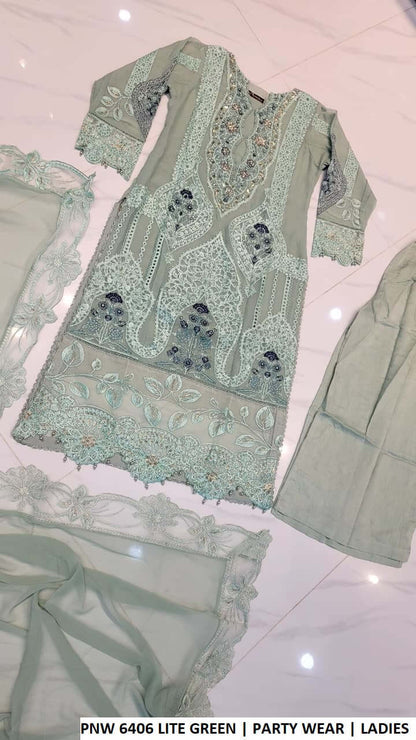 PNW 6406 LITE GREEN Pakistani women's chiffon party wear straight shirt plazo back view