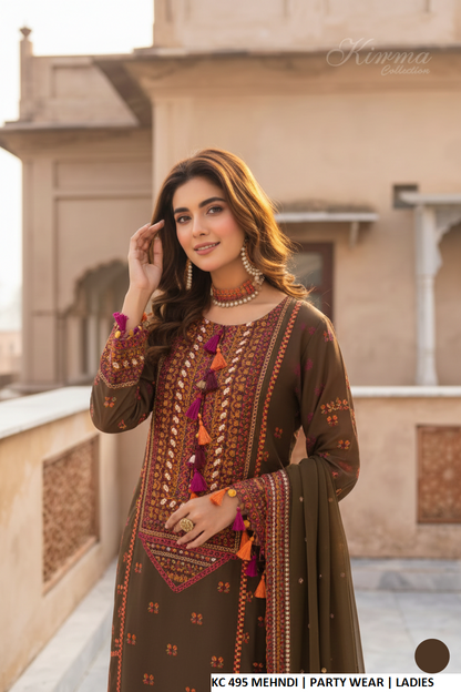 Mehndi green silk Pakistani women's long shirt with plazo side view