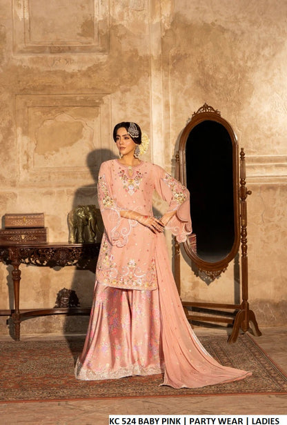Georgette short shirt silk sharara baby pink - Pakistani women's festive outfit with silver gotta crinkle chiffon dupatta front view